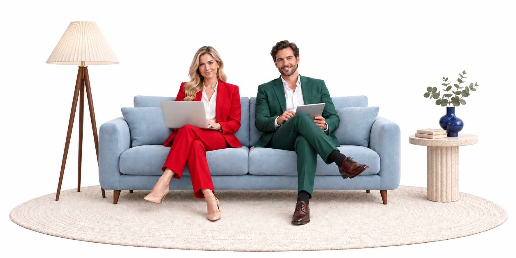 A blonde woman in a red suit and a man in a green suit working together on a blue sofa